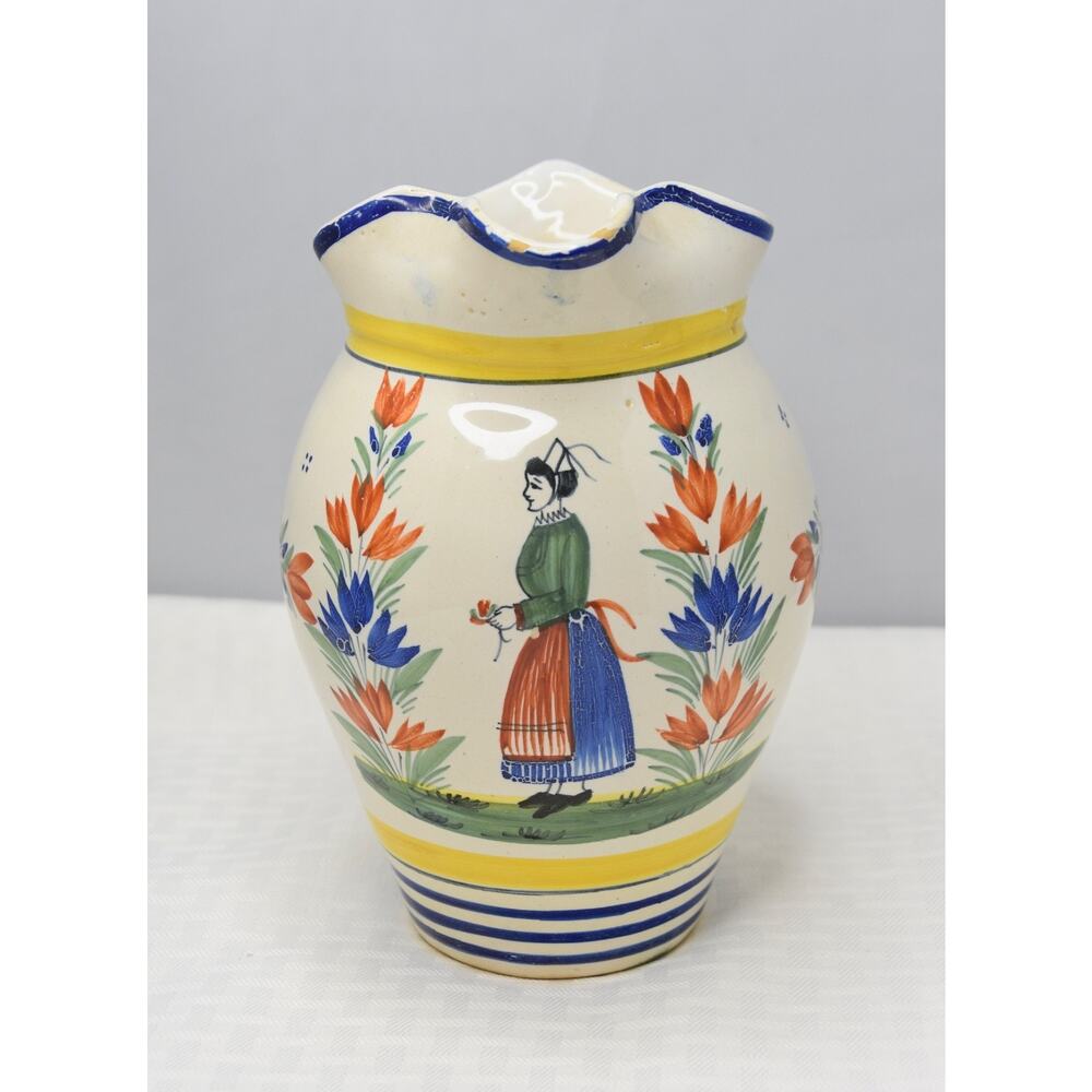 Antique 19c. Hand Painted France Henriot Quimper Faience Pottery Pitcher Jug